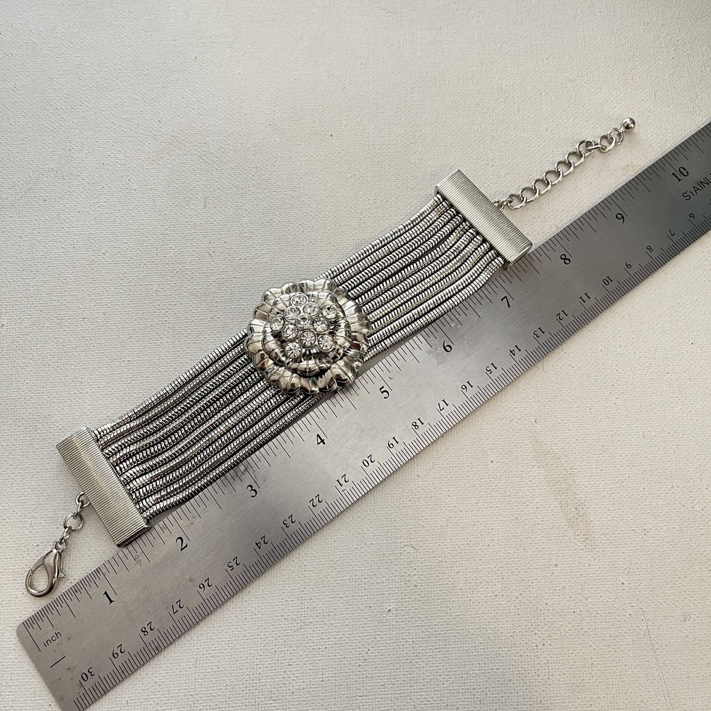 Premier Designs Rhinestone Flower Multistrand Snake Chain Silver Tone Bracelet - Picture 3 of 4